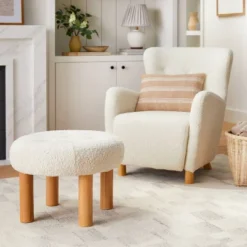 Kessler Round Tufted Faux Shearling Ottoman With Wood Legs Cream - Threshold™ Designed With Studio McGee -Interior Sale Store GUEST 04b65af8 a754 447b a4dd 3ee4c3c36a15