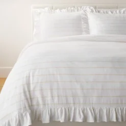 Yarn Dye Stripe With Ruffle Duvet Cover & Sham Set White/Khaki - Threshold™ With Studio McGee