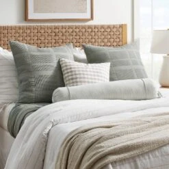 Oversized Bolster Woven Striped With Piping Cylinder Throw Pillow White/Light Teal Green - Threshold™ Designed With Studio McGee: Cotton Fabric